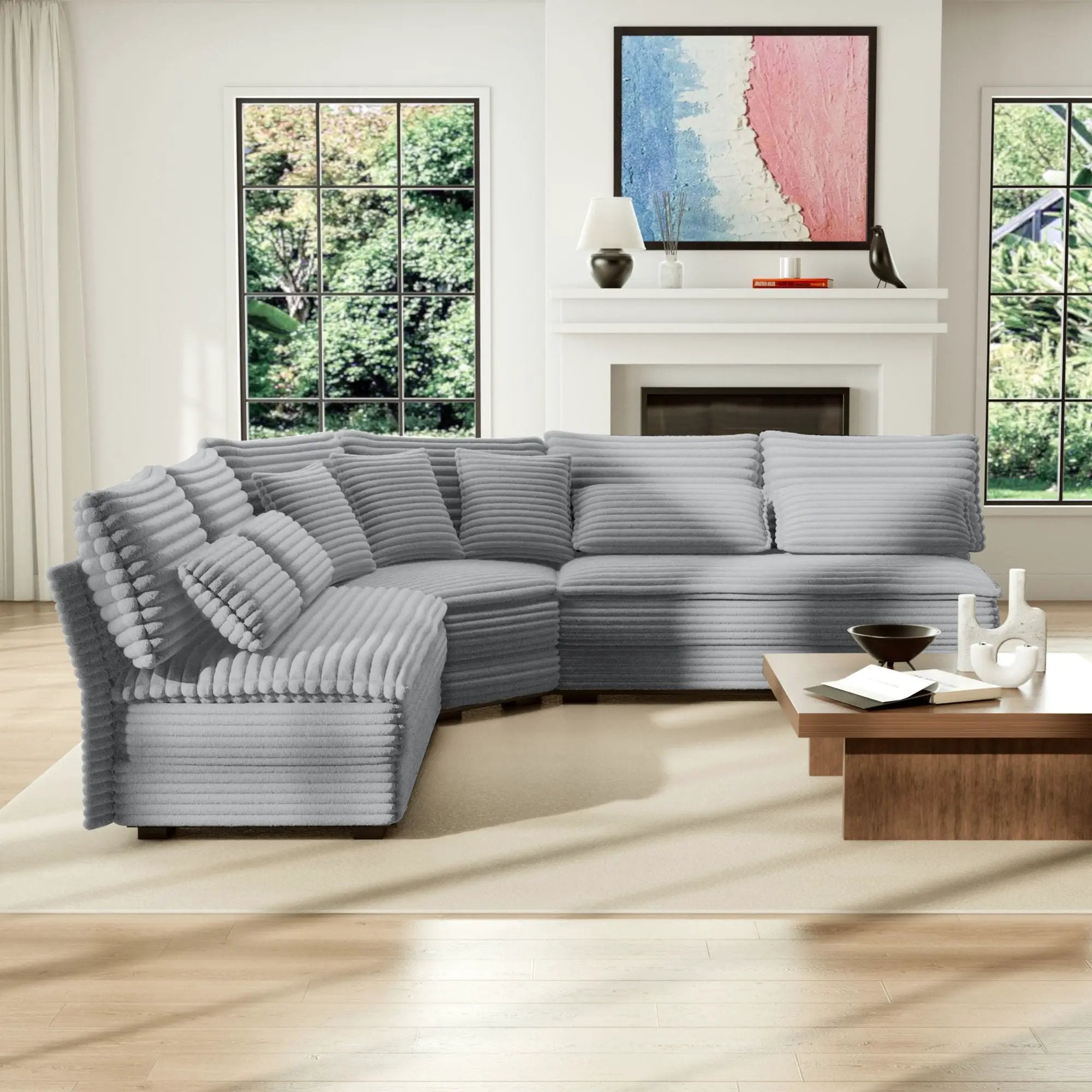 5 Seater L Shaped Sectional Sofa With Curved Corner, 7 Pillows by Unique Piece Furniture