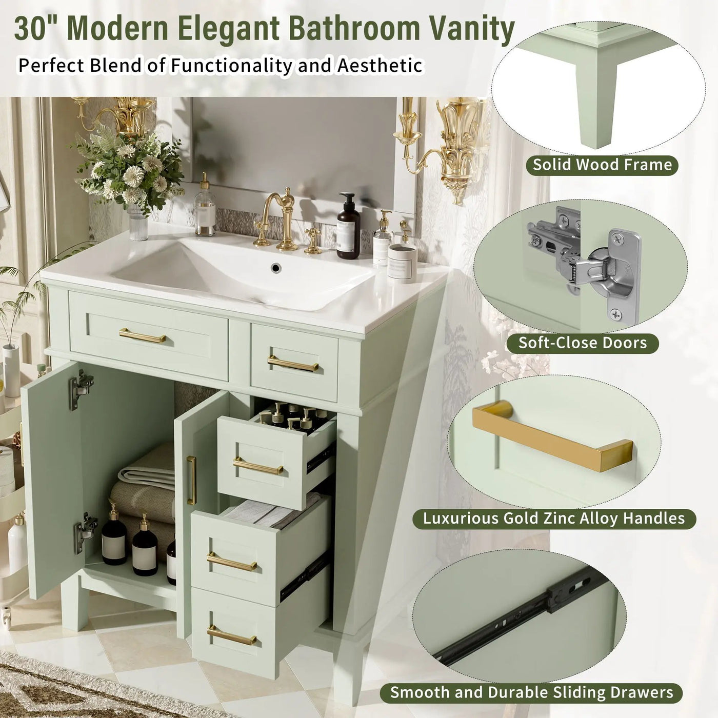 Modern Bathroom Vanity With Ceramic Sink, Soft Close Storage Cabinet by Unique Piece Furniture