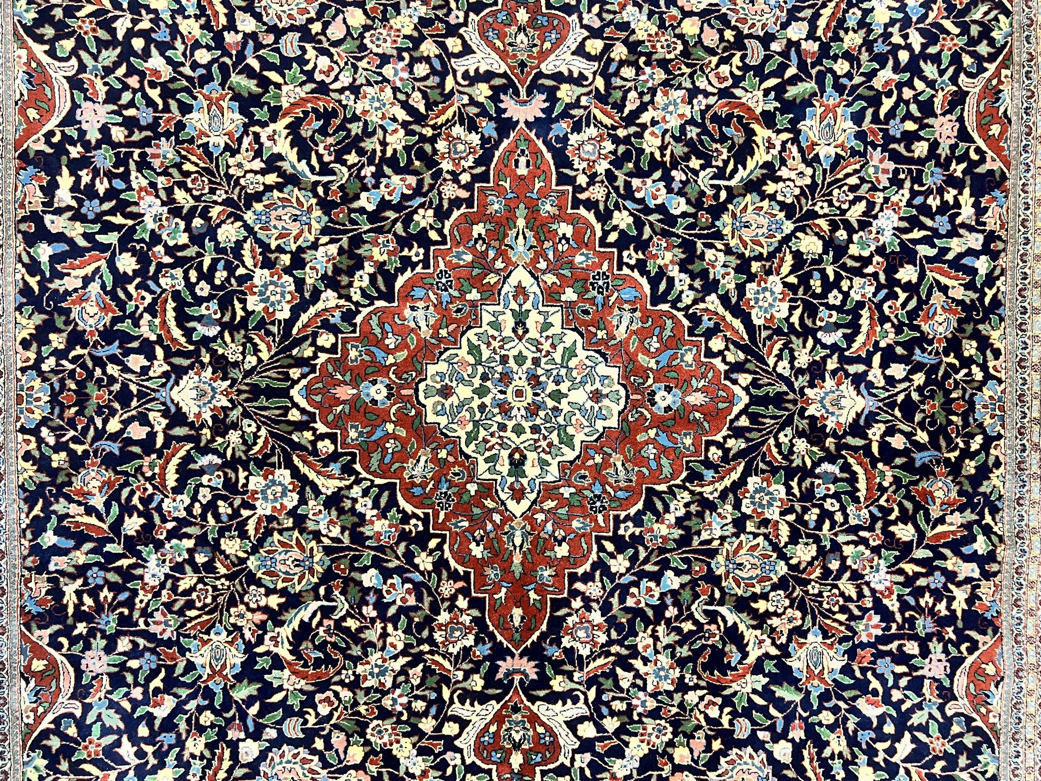 Indo Persian Rug 8x10, Floral Medallion, Vintage Handmade Wool Carpet, Navy Blue and Red, Fine 300 KPSI by Jewel Rugs
