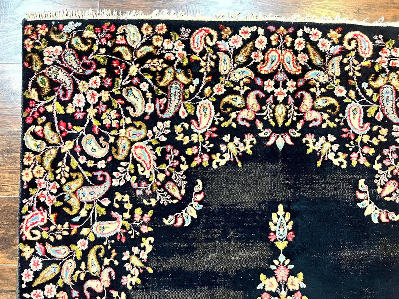 Antique Persian Kirman Rug 5x8, Floral Kirman, Midnight Blue/Black, Semi Open Field, Handmade Vintage Wool Carpet by Jewel Rugs