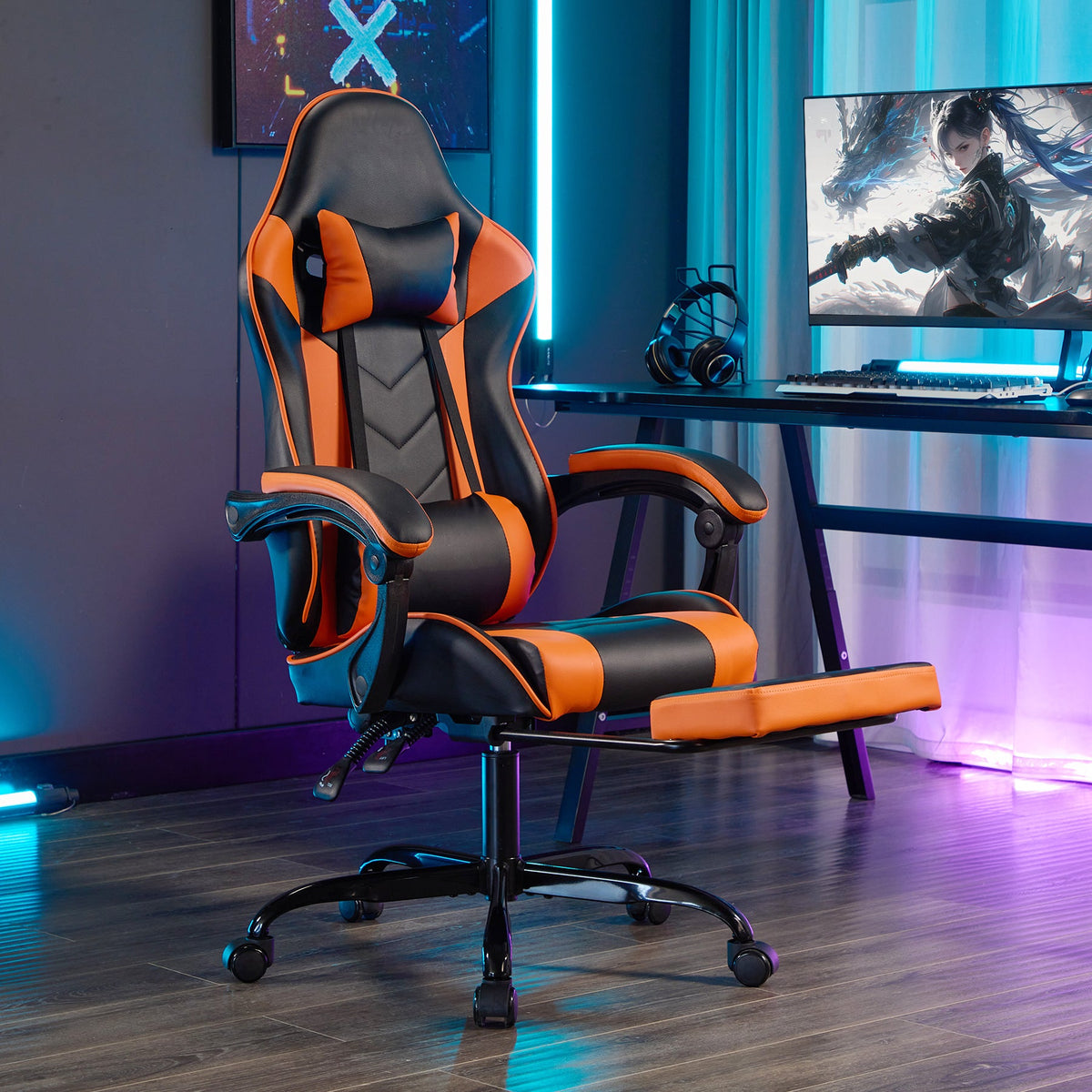 Ergonomic Gaming Chair with Footrest and Massage Lumbar Pillow – Black White / Black+Orange, photo 2 of 10