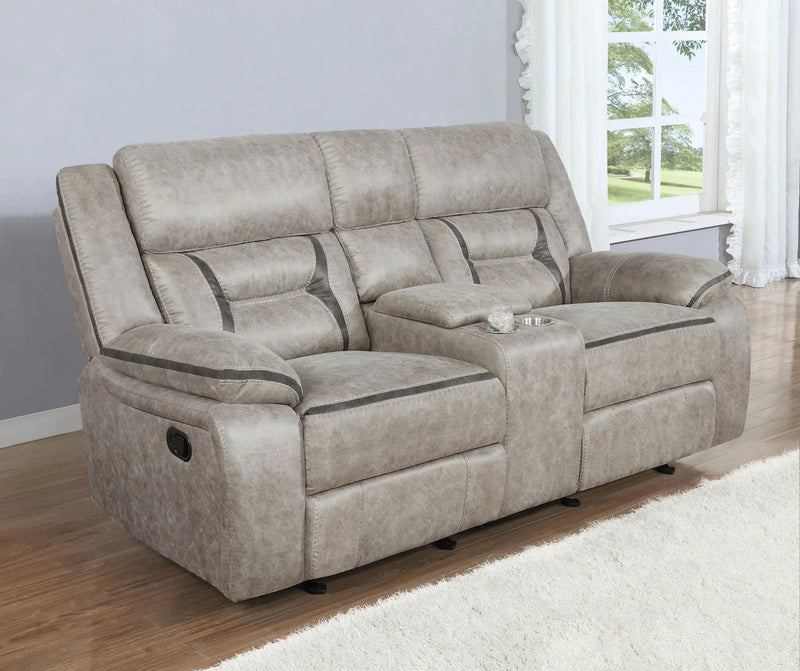 Greer Upholstered Motion Reclining Loveseat Taupe by Unique Piece Furniture