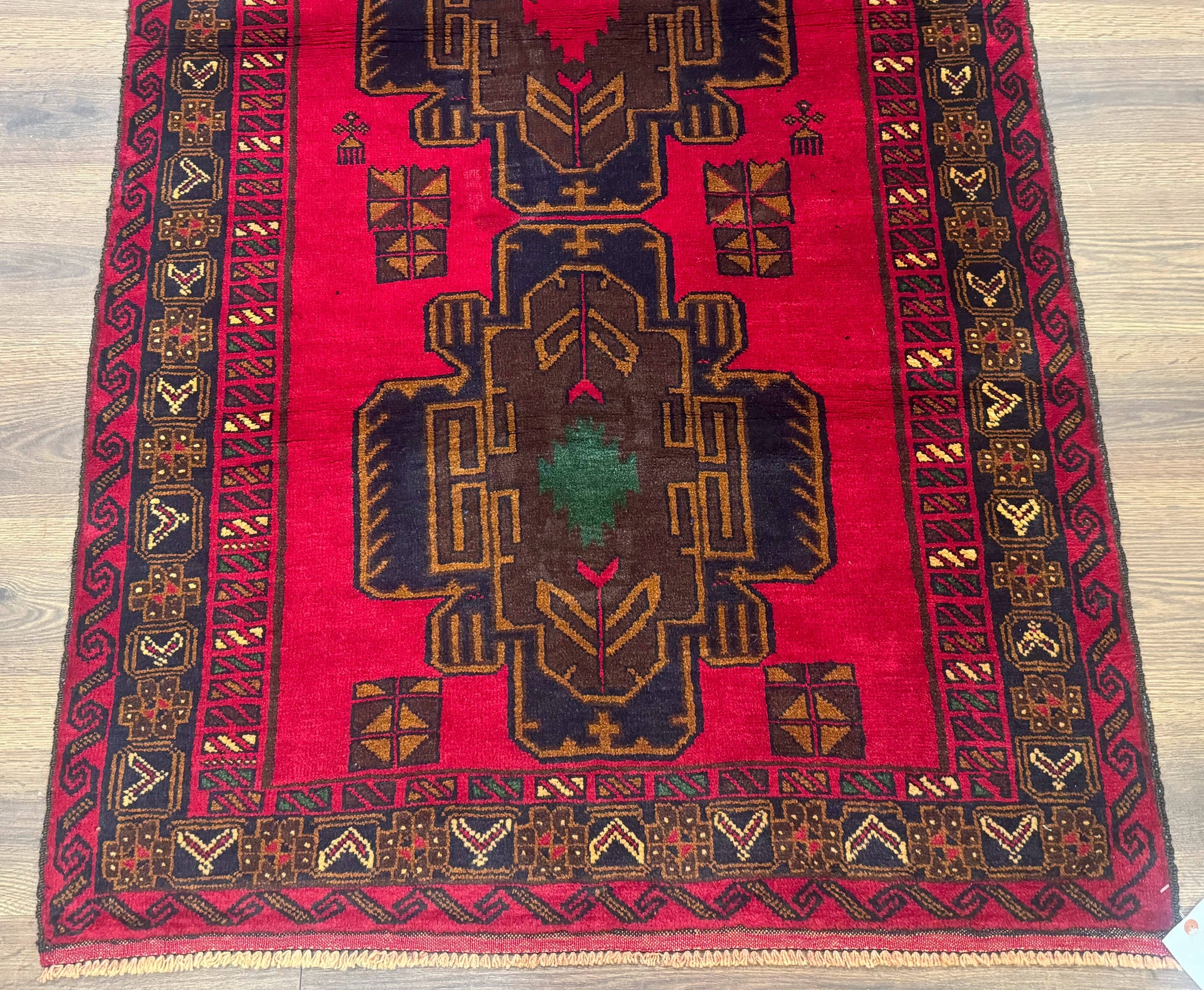 Red Afghan Balouch Rug 4x7, Triple Medallions, Handmade, New by Jewel Rugs