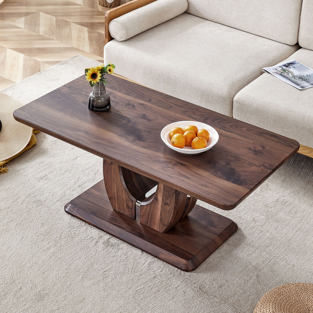 Modern Minimalist Rectangular Coffee Table with Walnut Grain Finish - Dark Brown, photo 8 of 23