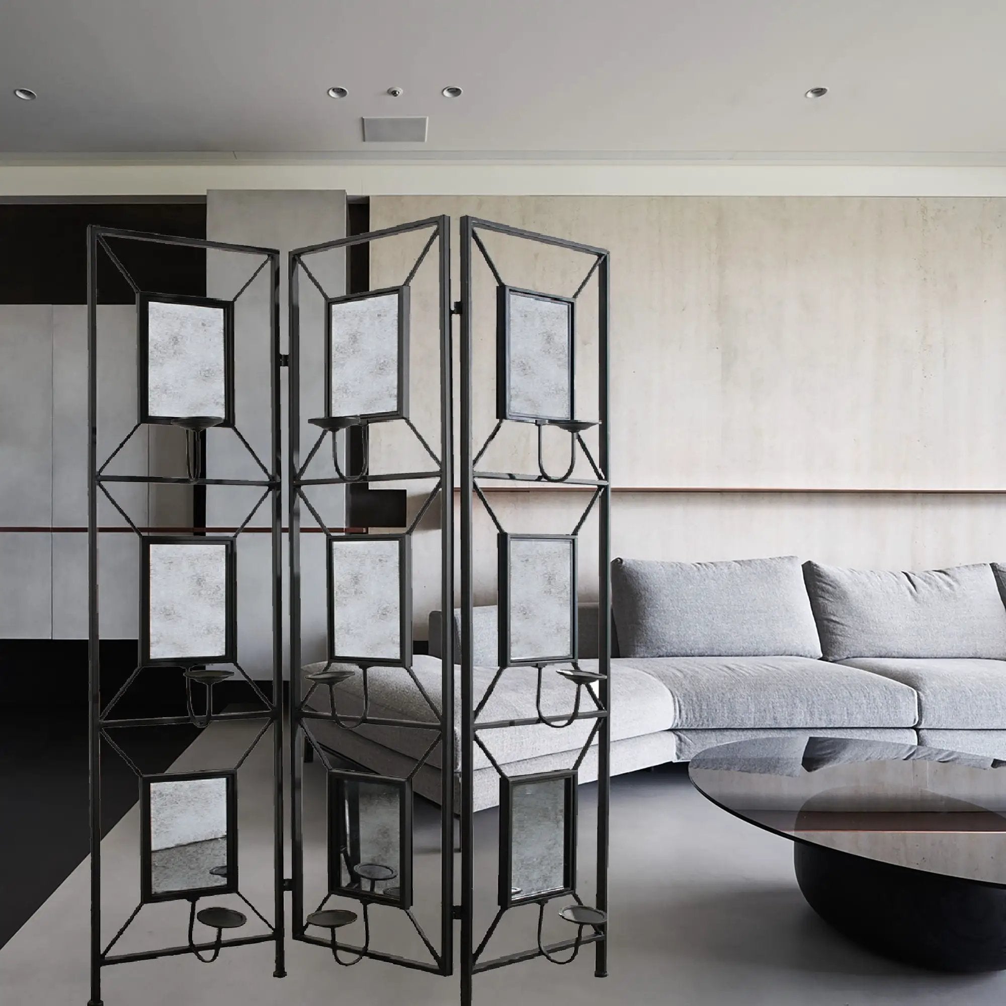 Room Photo Frames Screen Divider Screens, 3 Panel Decorative Screen With Photo Frames, Antique Mirror, Candle Stick - Black by Unique Piece Furniture