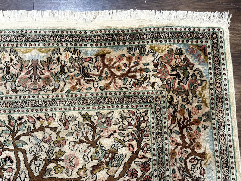 Indian Kashmiri Silk Rug 4x7, Tree of Life Design, Very Fine 380 KPSI, Birds by Jewel Rugs