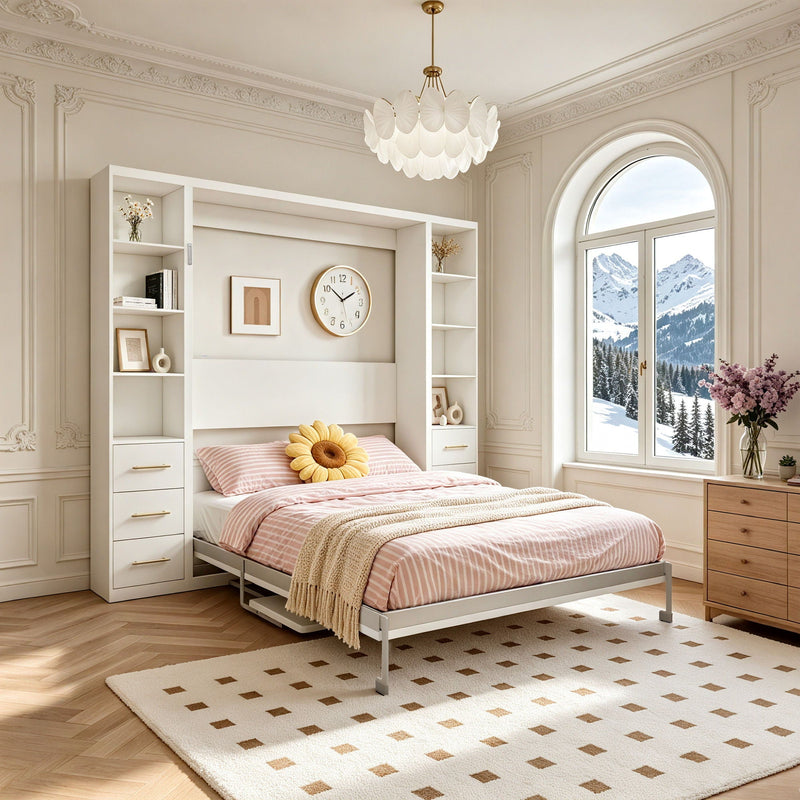 Queen Size Murphy Wall Bed With Side Storage Cabinets - White by HouseOfZazla