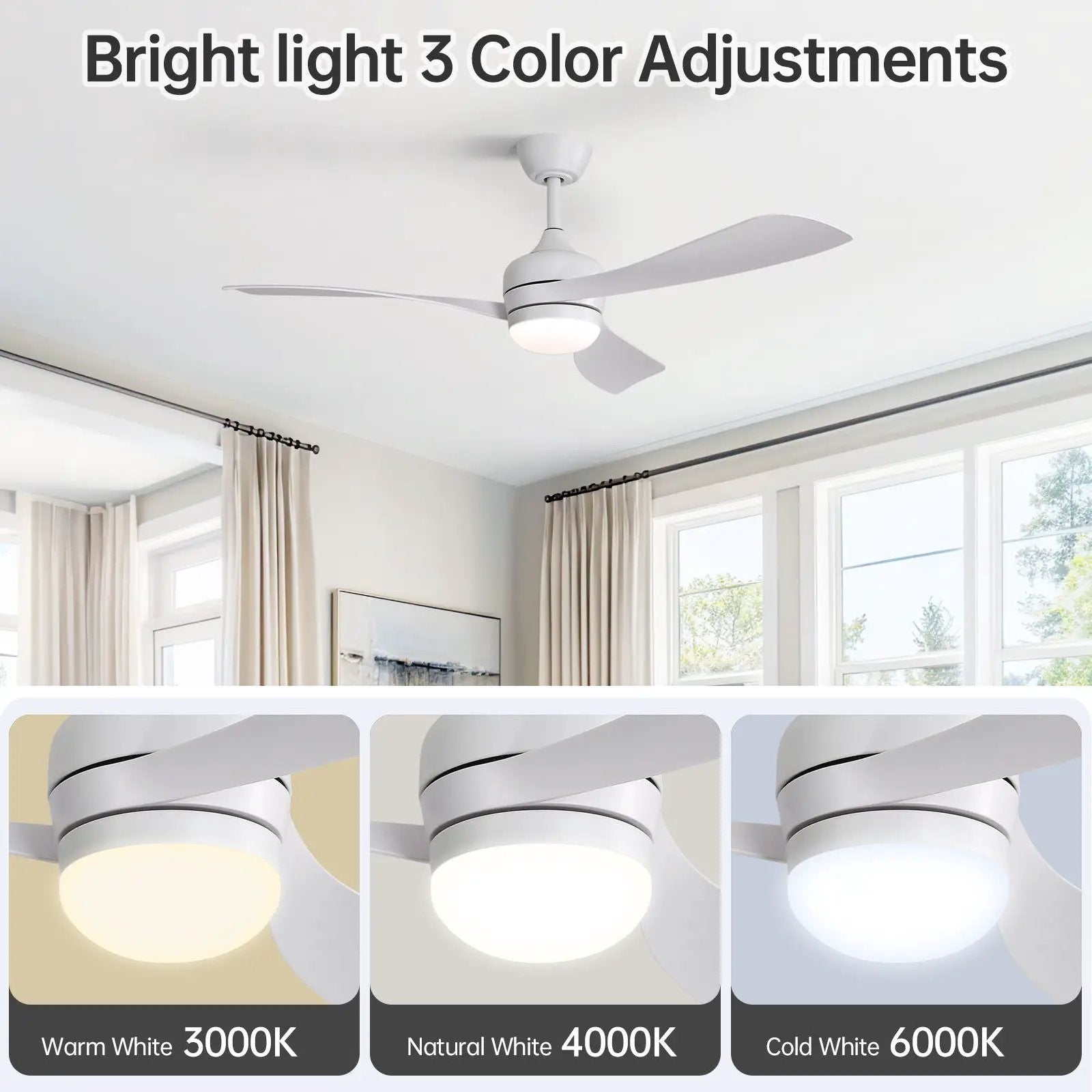 Ceiling Fan With 3 Blades, Remote Control, Reversible DC Motor, Noiseless Operation, 3 Downrods by Unique Piece Furniture