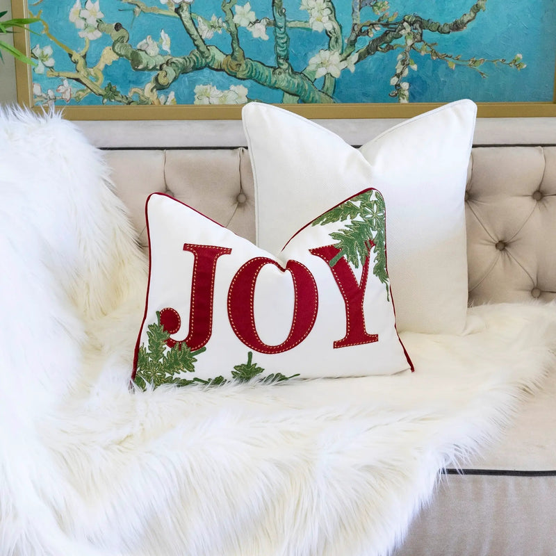 JOY Embroidered Christmas Throw Pillow – 14x20 Velvet Lumbar Cushion by HouseOfZazla