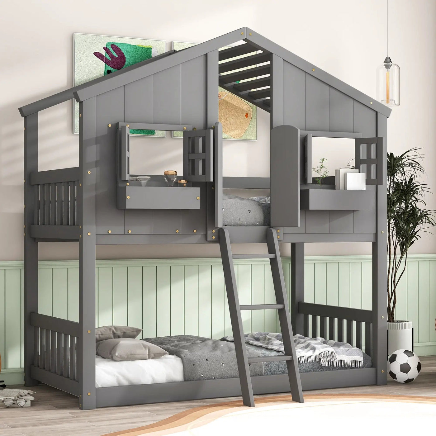 House Bunk Bed With Roof, Window, Window Box, Door, With Safety Guardrails And Ladder by HouseOfZazla