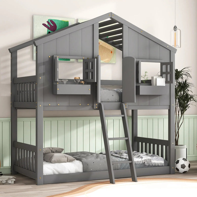 House Bunk Bed With Roof, Window, Window Box, Door, With Safety Guardrails And Ladder by HouseOfZazla