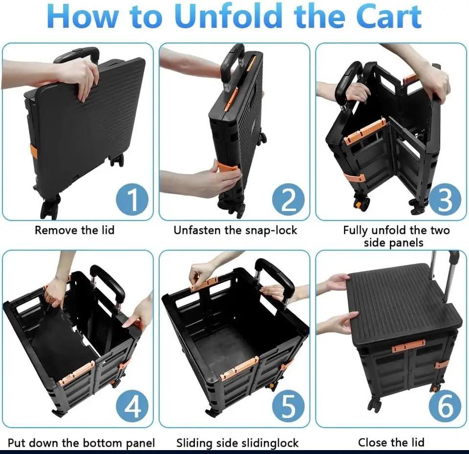 Open Box FELICON Foldable Utility Cart Folding Portable Rolling Crate Handcart with Durable Heavy Duty Plastic Telescoping Handle Collapsible 4 Rotate Wheels for Travel Shop Moving Luggage Office Use (Black) by Selzalot