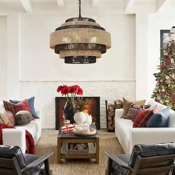 Open Box Prime Ray Luster Boho 24 in. 6-Light 7-Tier Hand Woven Rattan Pendant Chandelier Light with Large Shade and Black Finish by Selzalot