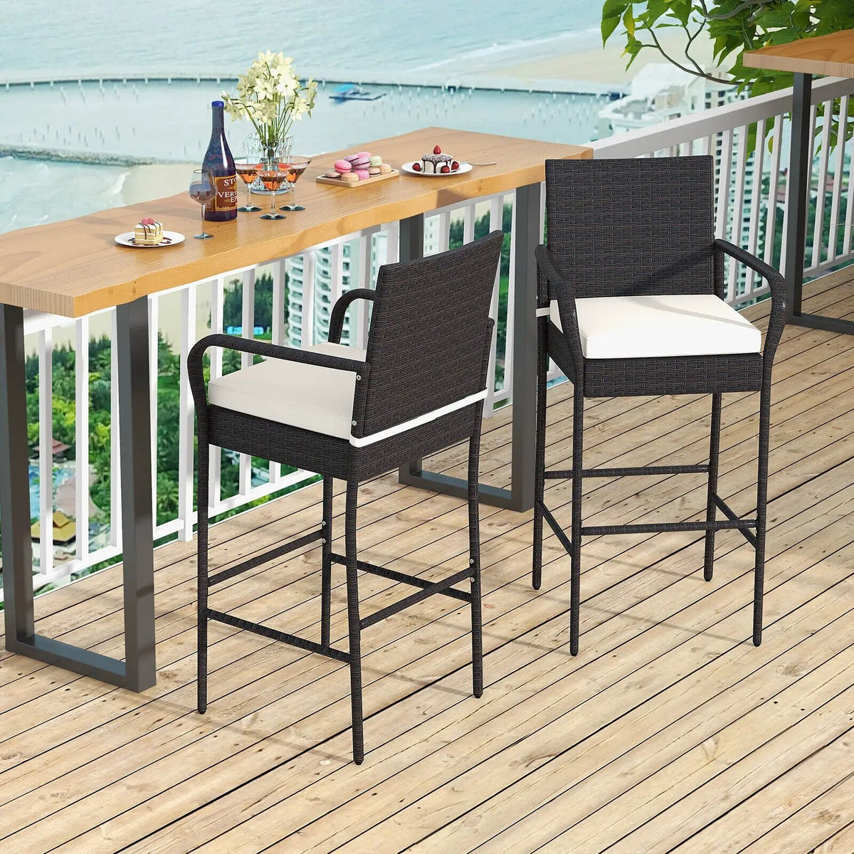2/4 Pieces Outdoor PE Rattan Cushioned Barstool Set with Armrests by DirectDeals