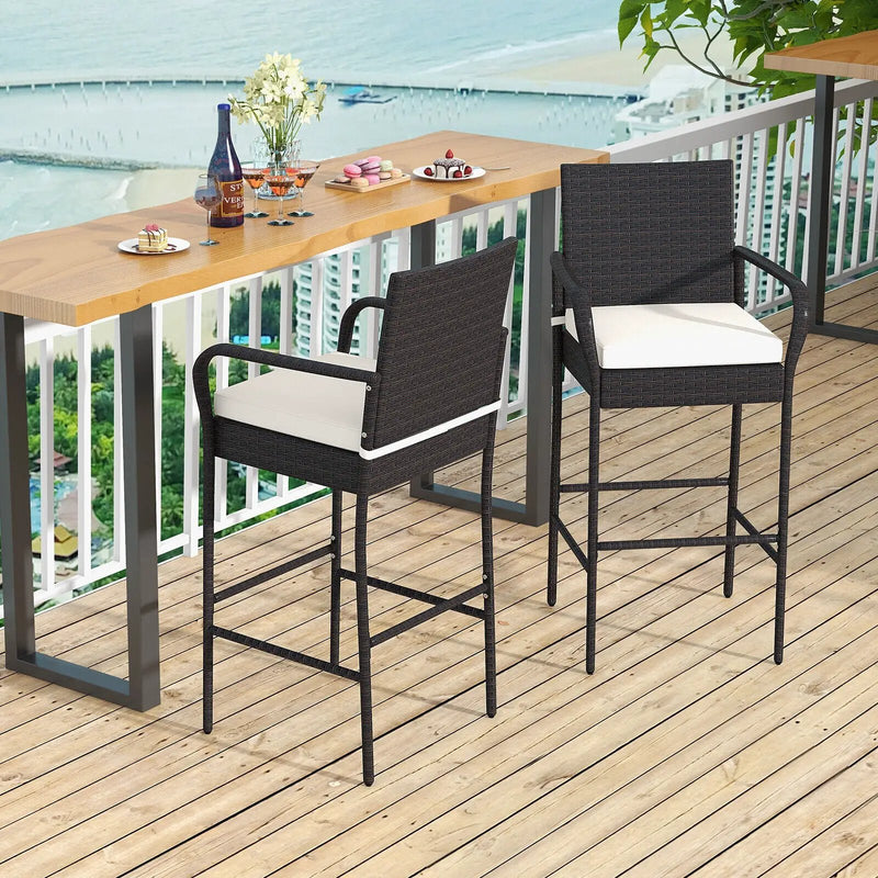 2/4 Pieces Outdoor PE Rattan Cushioned Barstool Set with Armrests by DirectDeals