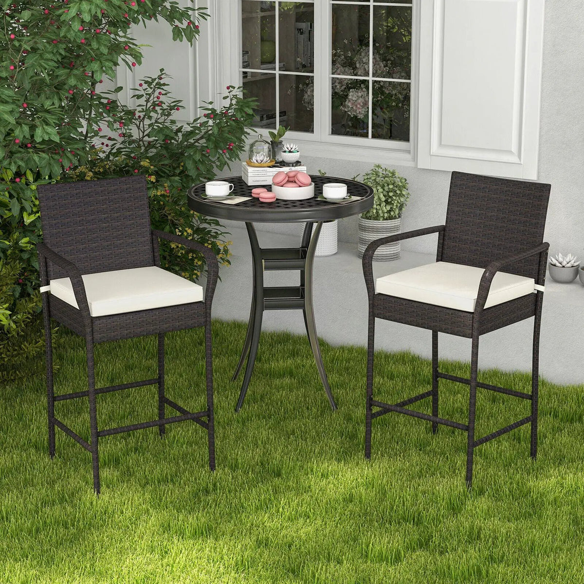 2/4 Pieces Outdoor PE Rattan Cushioned Barstool Set with Armrests by DirectDeals
