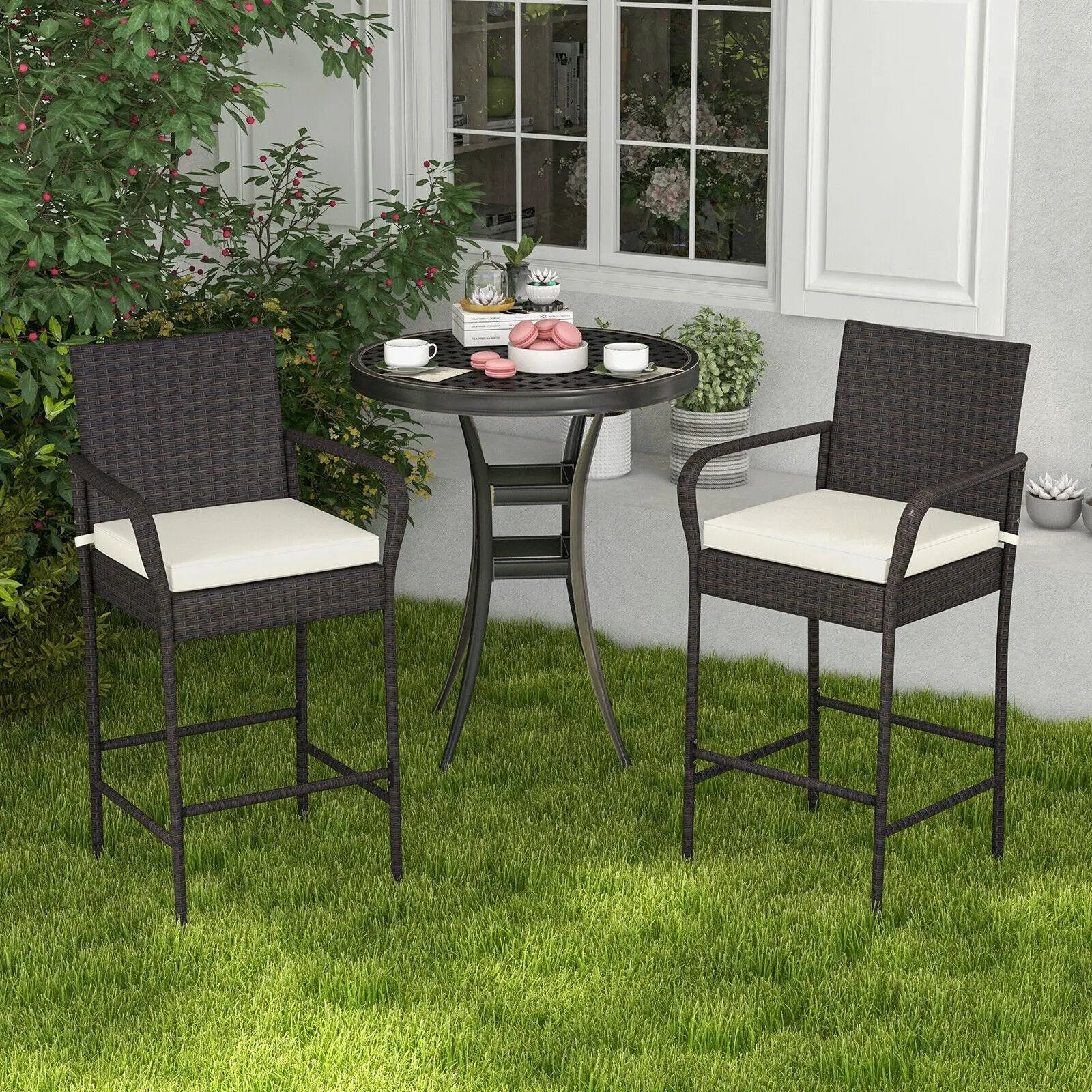 2/4 Pieces Outdoor PE Rattan Cushioned Barstool Set with Armrests by DirectDeals