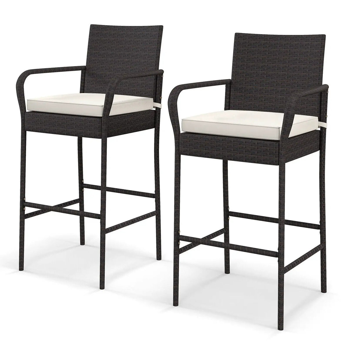 2/4 Pieces Outdoor PE Rattan Cushioned Barstool Set with Armrests by DirectDeals