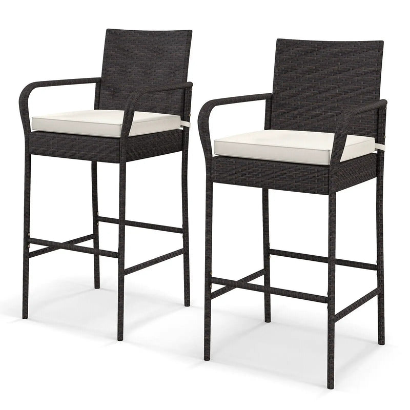 2/4 Pieces Outdoor PE Rattan Cushioned Barstool Set with Armrests by DirectDeals