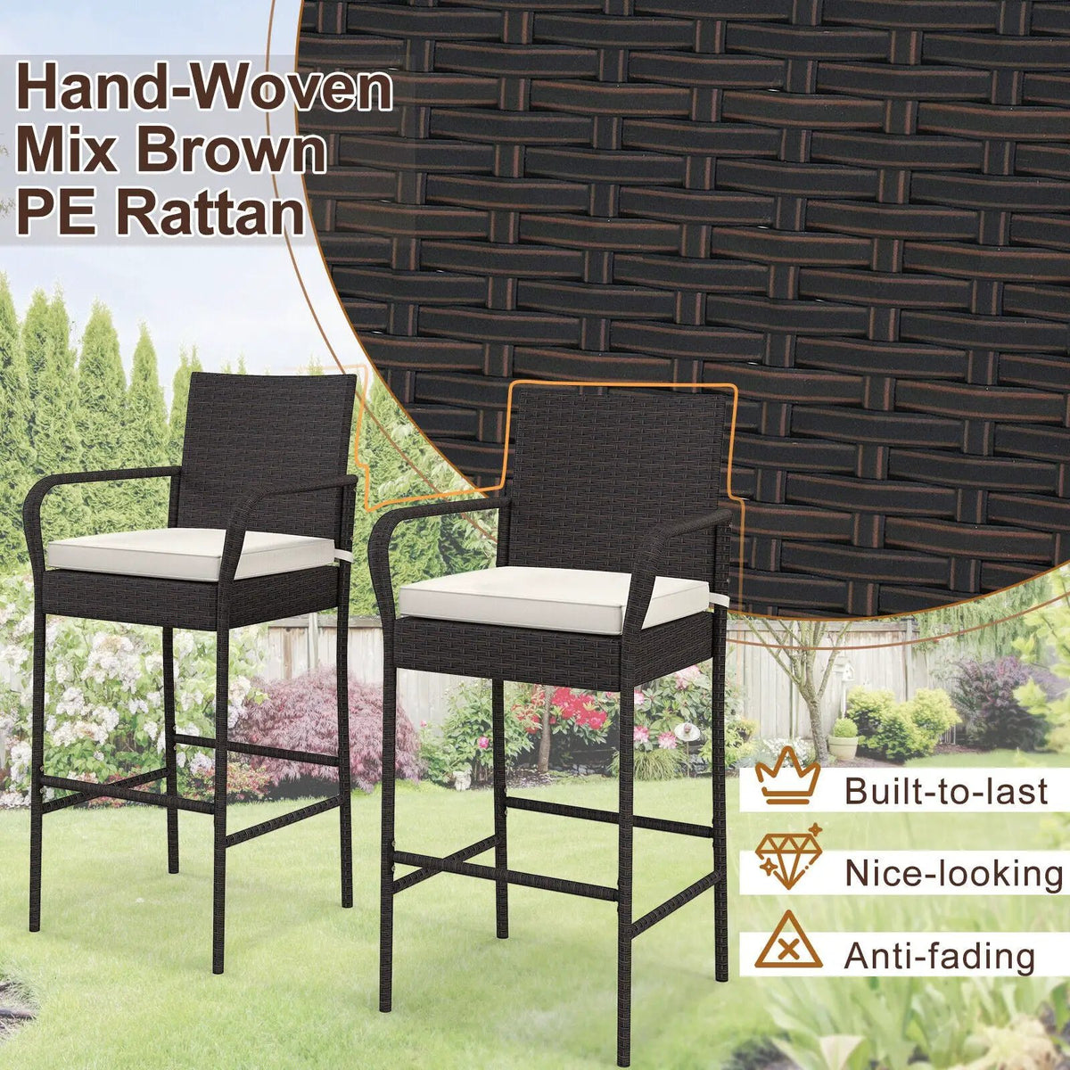 2/4 Pieces Outdoor PE Rattan Cushioned Barstool Set with Armrests by DirectDeals