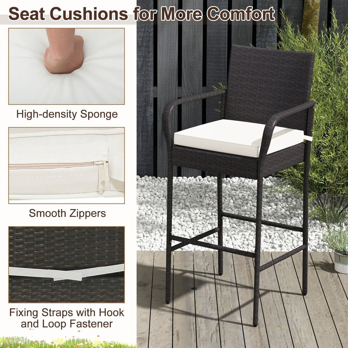 2/4 Pieces Outdoor PE Rattan Cushioned Barstool Set with Armrests by DirectDeals