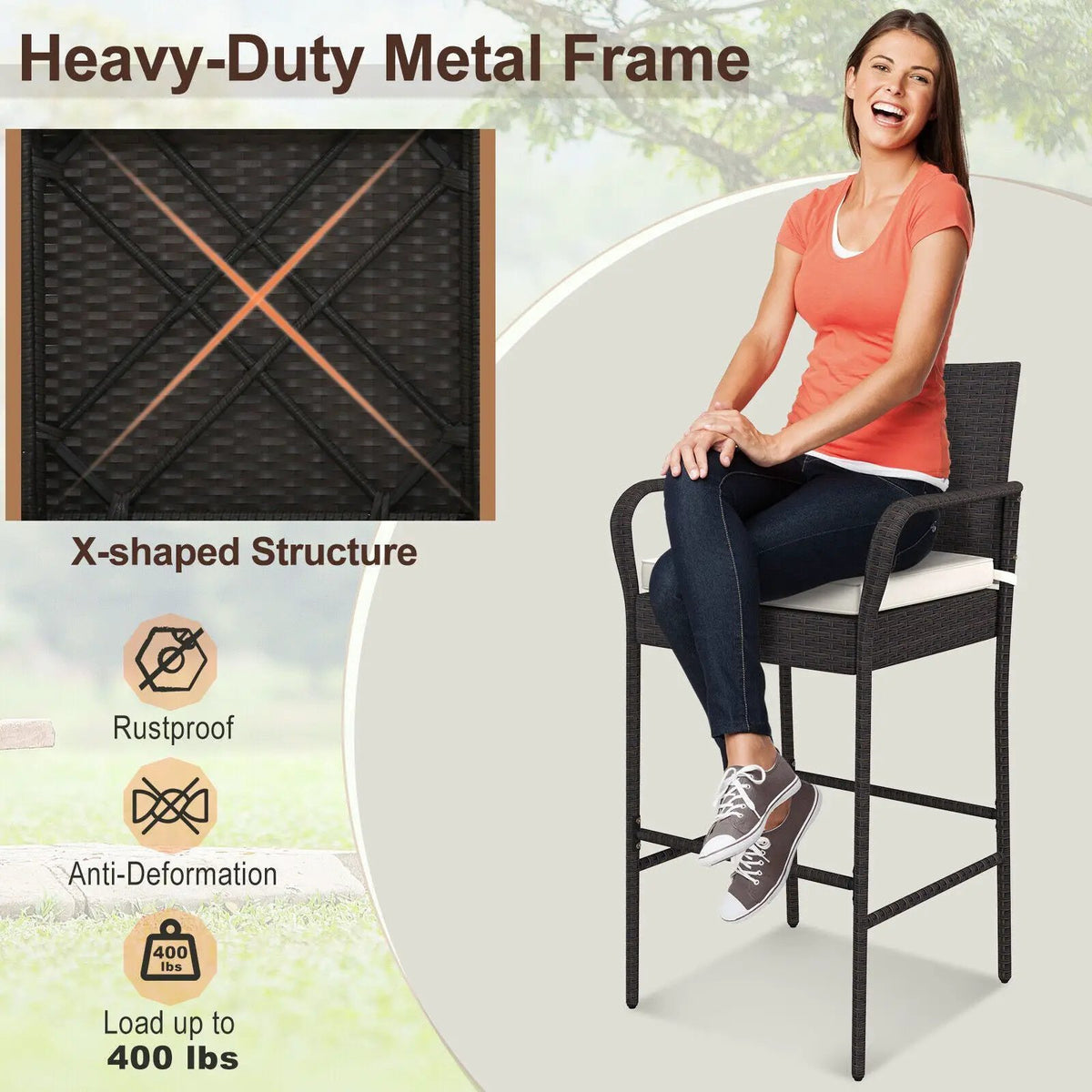2/4 Pieces Outdoor PE Rattan Cushioned Barstool Set with Armrests by DirectDeals