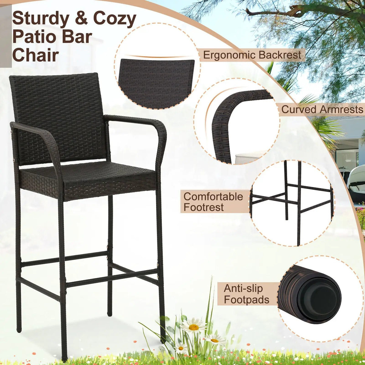 2/4 Pieces Outdoor PE Rattan Cushioned Barstool Set with Armrests by DirectDeals