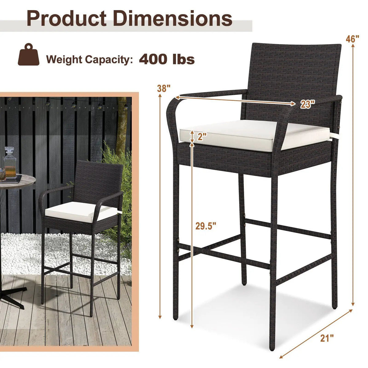 2/4 Pieces Outdoor PE Rattan Cushioned Barstool Set with Armrests by DirectDeals