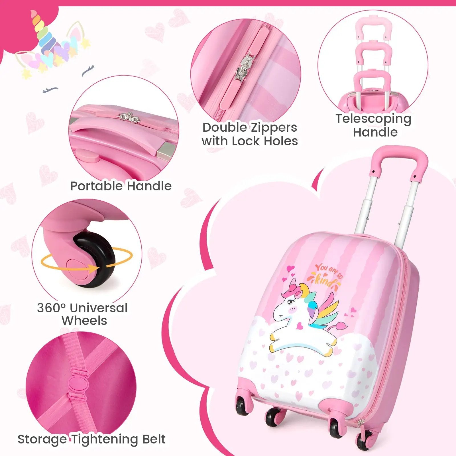 2 Pieces 12 Inch 16 Inch Kids Luggage Set with Backpack and Suitcase for Travel-Lovely Unicorn by DirectDeals