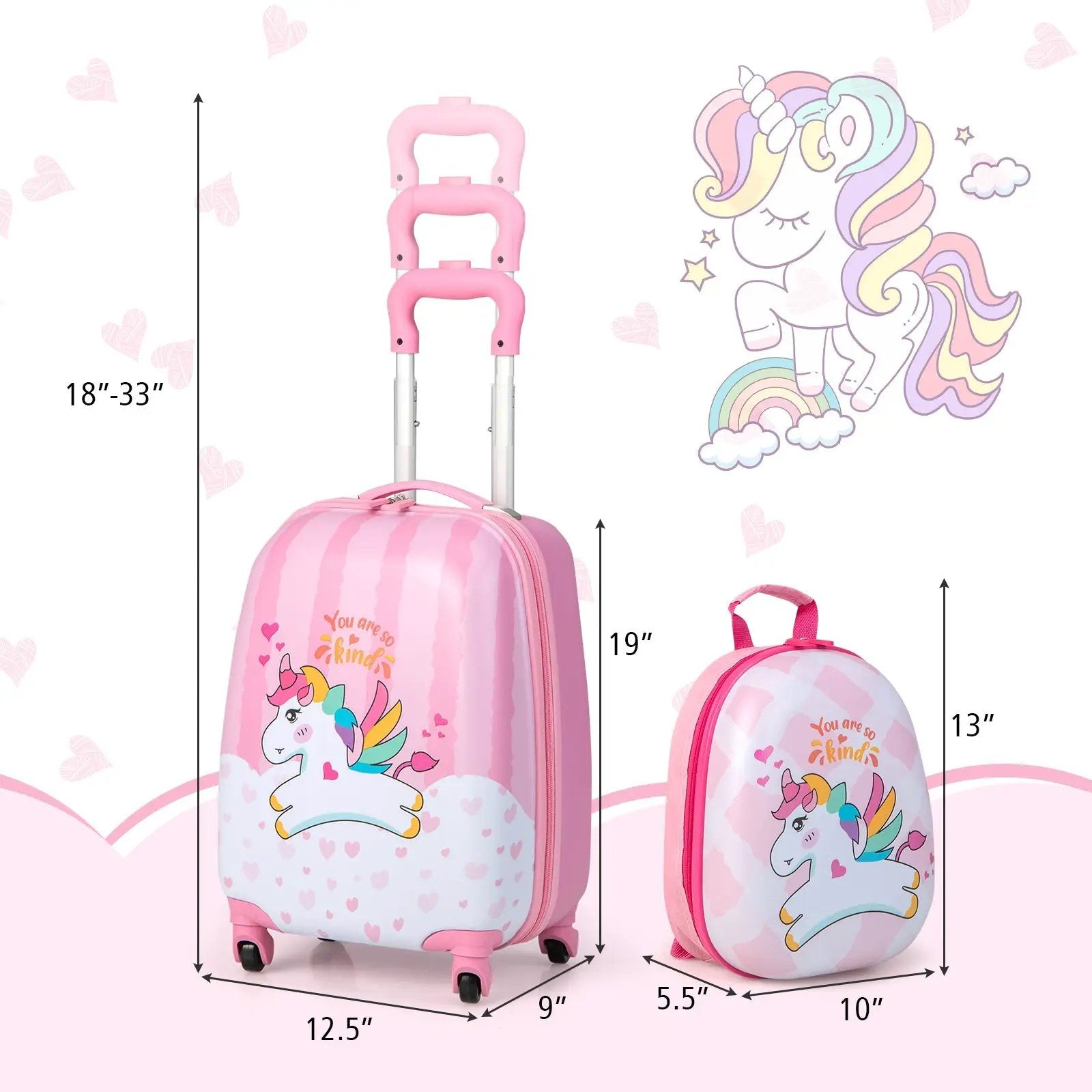 2 Pieces 12 Inch 16 Inch Kids Luggage Set with Backpack and Suitcase for Travel-Lovely Unicorn by DirectDeals