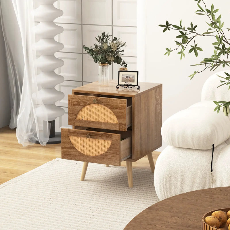 Set of 2 Rattan Nightstand with 2 Drawers and Solid Wood Legs-Natual by DirectDeals