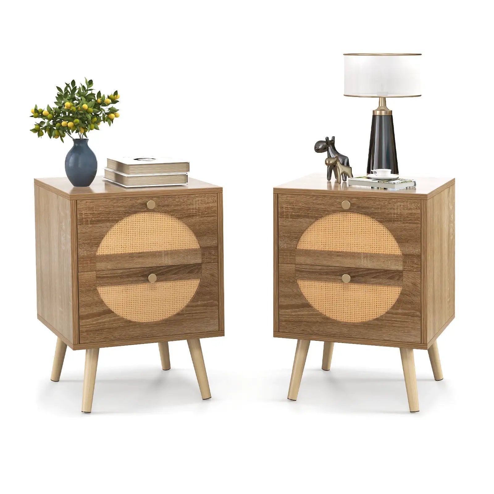 Set of 2 Rattan Nightstand with 2 Drawers and Solid Wood Legs-Natual by DirectDeals