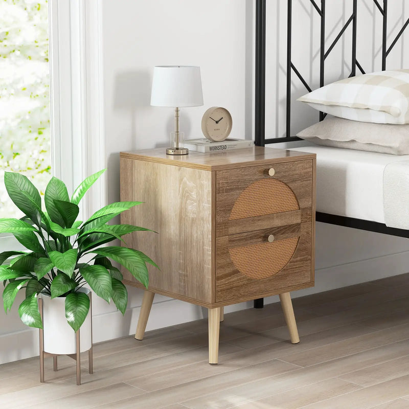 Set of 2 Rattan Nightstand with 2 Drawers and Solid Wood Legs-Natual by DirectDeals