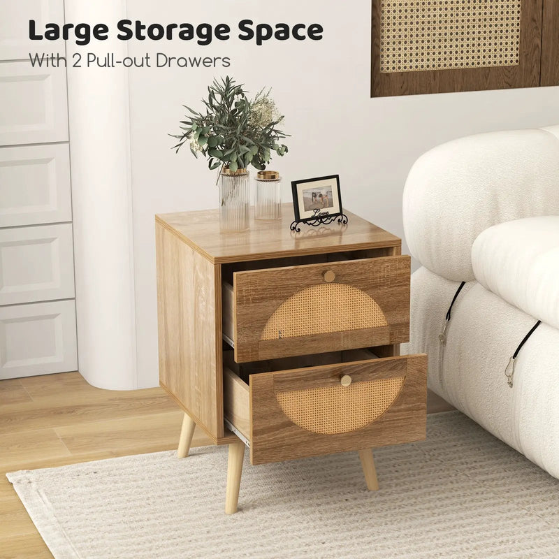 Set of 2 Rattan Nightstand with 2 Drawers and Solid Wood Legs-Natual by DirectDeals