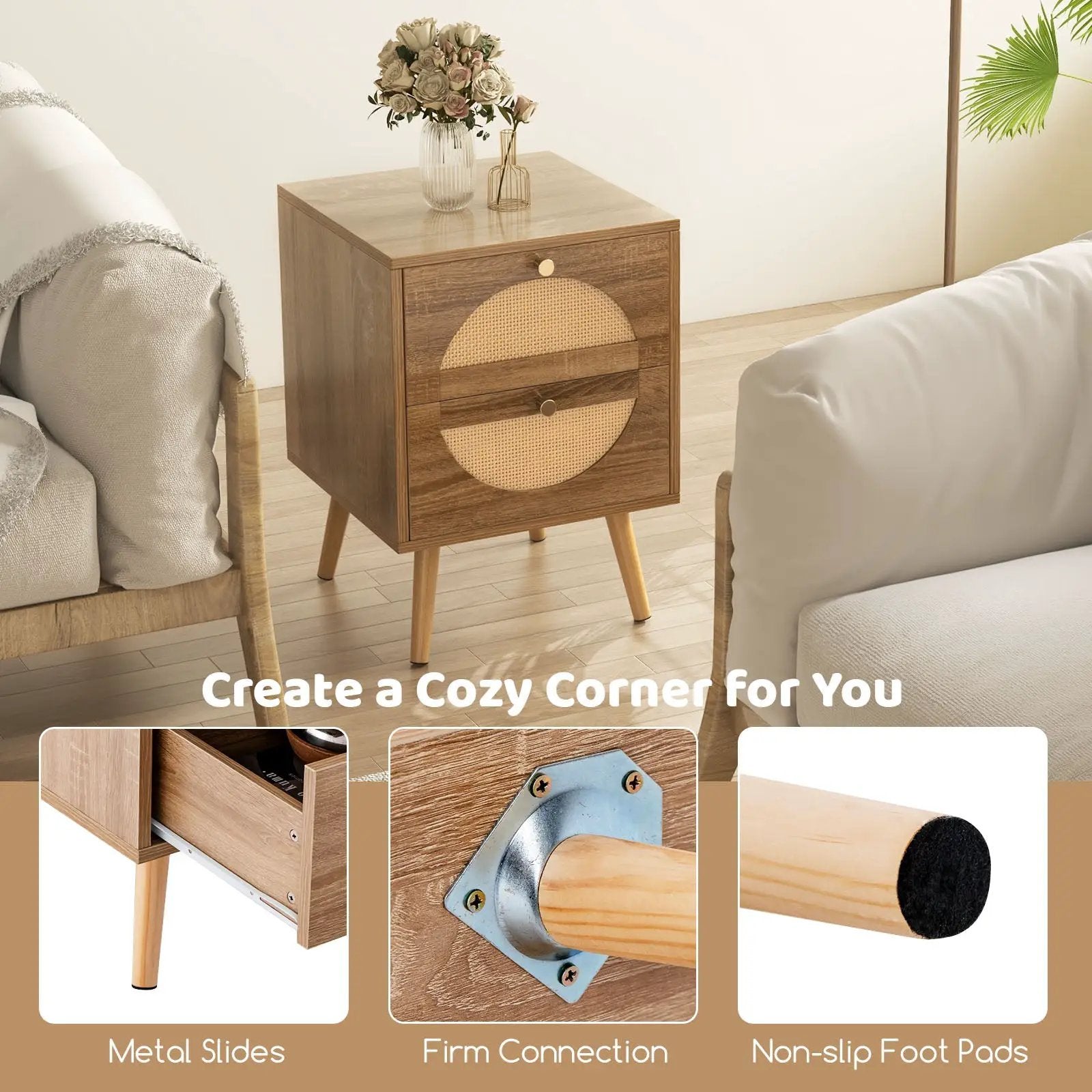 Set of 2 Rattan Nightstand with 2 Drawers and Solid Wood Legs-Natual by DirectDeals
