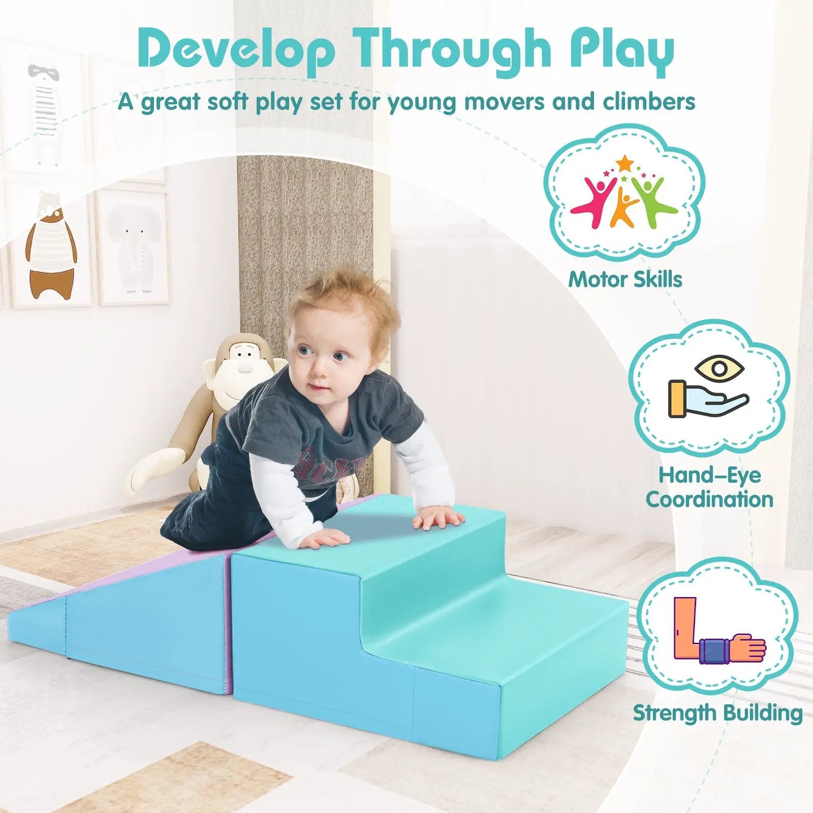 2-Piece Step and Slide Climber for Infants and Toddlers Baby Soft Play Set Foam Blocks-Blue by DirectDeals