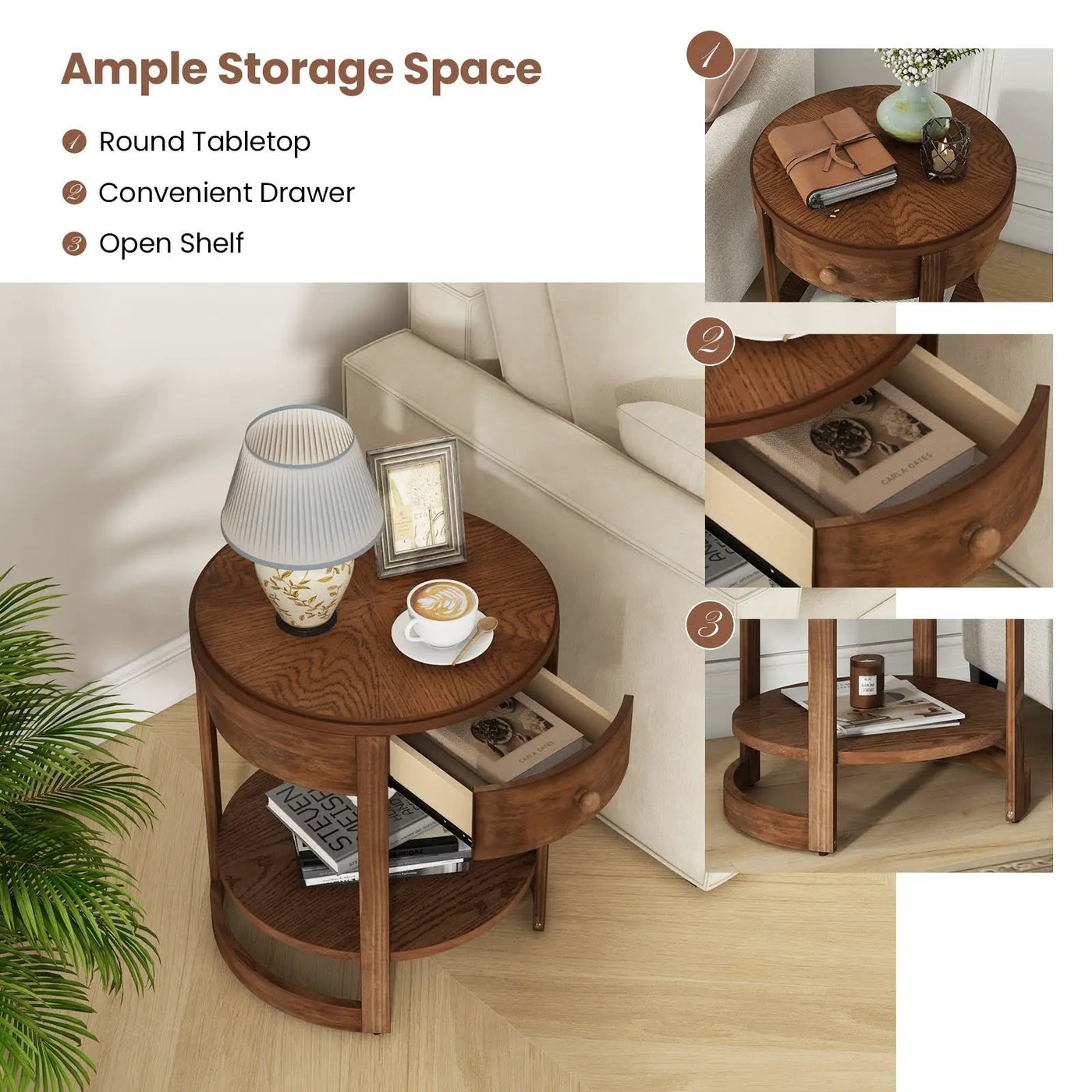 2-Tier Round End Table Mid Century Modern Nightstand with Drawer and Shelf by DirectDeals