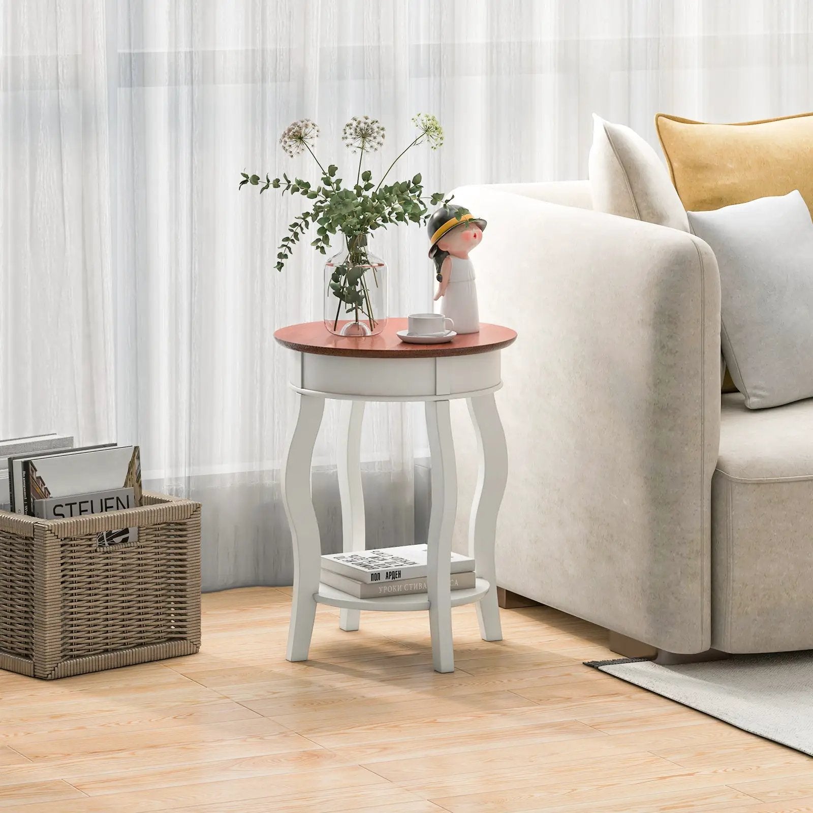 2-Tier Round End Table with Storage Shelf and Solid Rubber Wood Legs-Walnut & White by DirectDeals