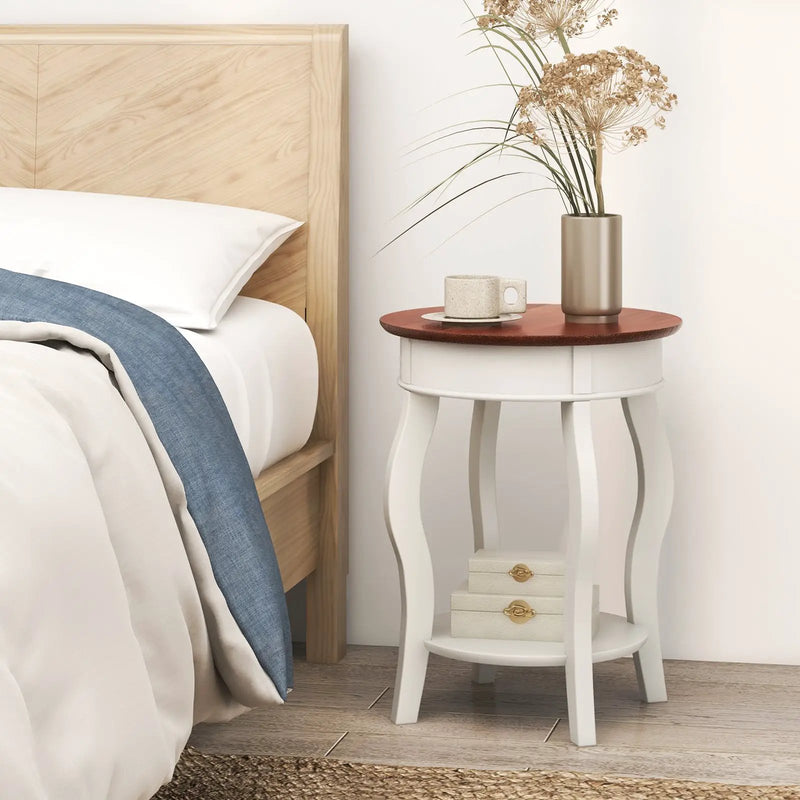 2-Tier Round End Table with Storage Shelf and Solid Rubber Wood Legs-Walnut & White by DirectDeals