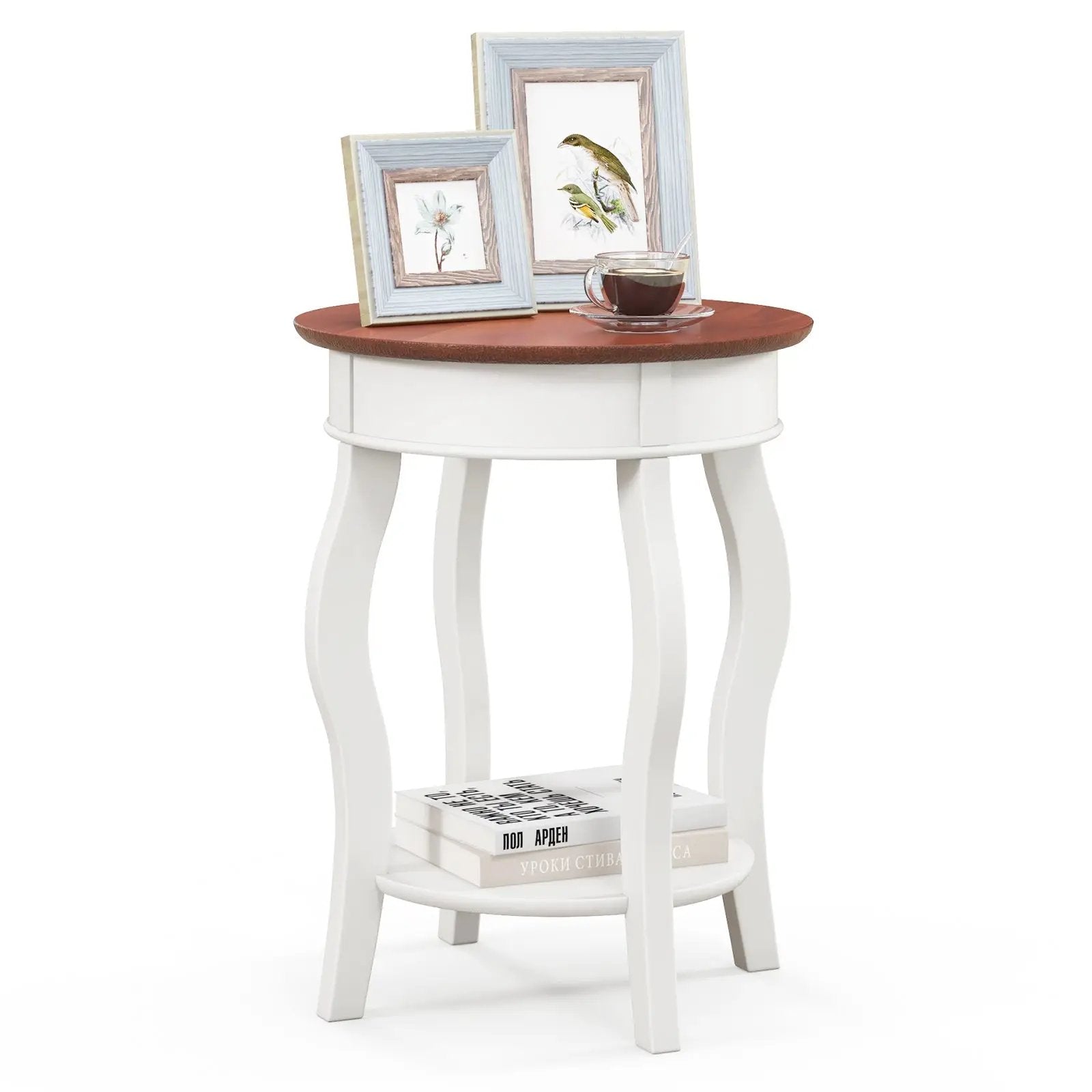 2-Tier Round End Table with Storage Shelf and Solid Rubber Wood Legs-Walnut & White by DirectDeals