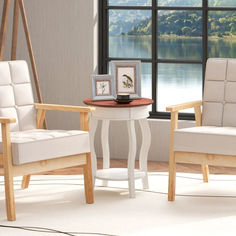 2-Tier Round End Table with Storage Shelf and Solid Rubber Wood Legs-Walnut & White by DirectDeals