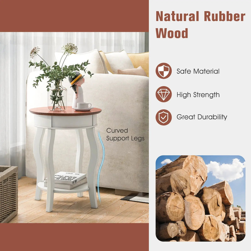 2-Tier Round End Table with Storage Shelf and Solid Rubber Wood Legs-Walnut & White by DirectDeals