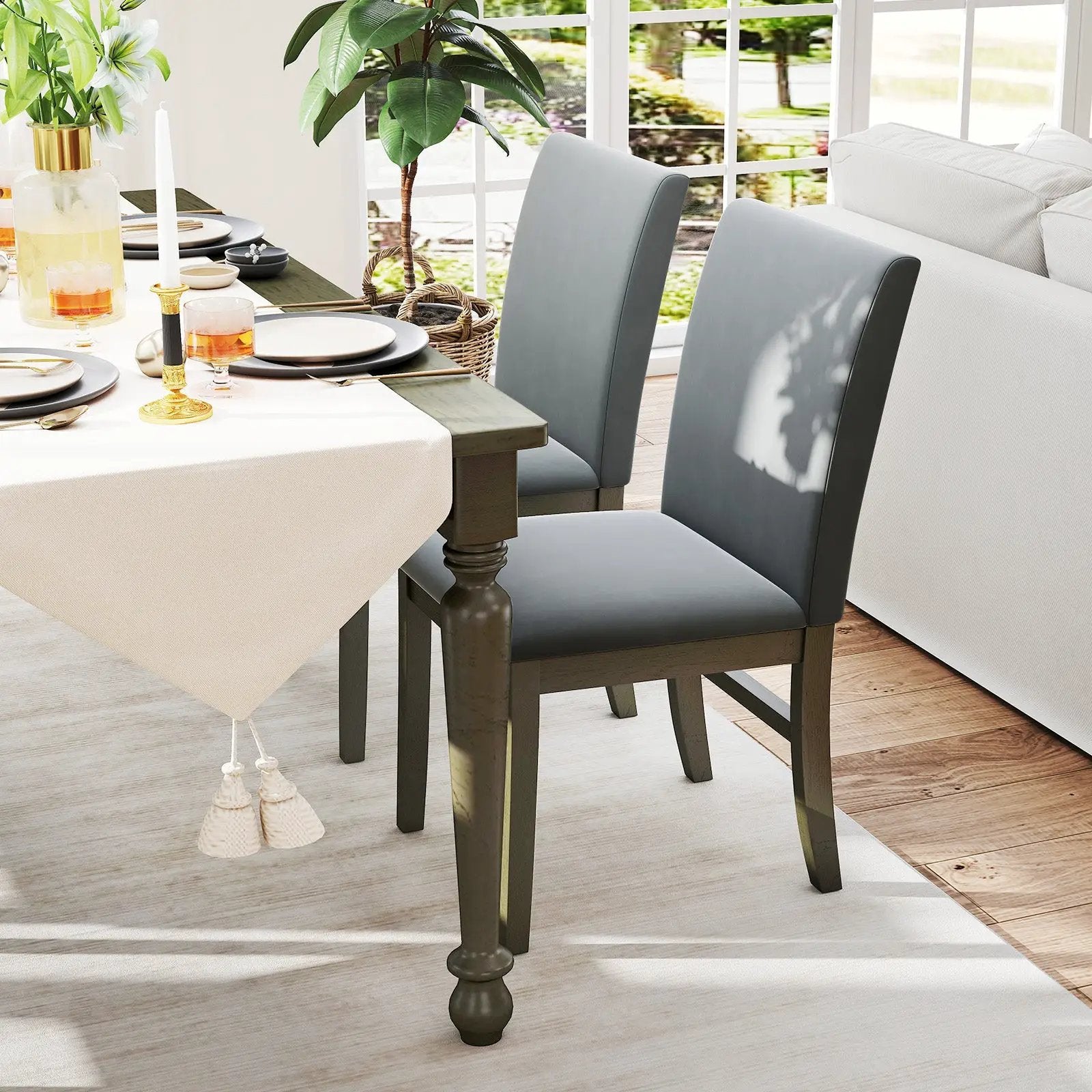 Upholstered Dining Chairs Set of 2 with Rubber Wood Legs and High Back-Gray by DirectDeals