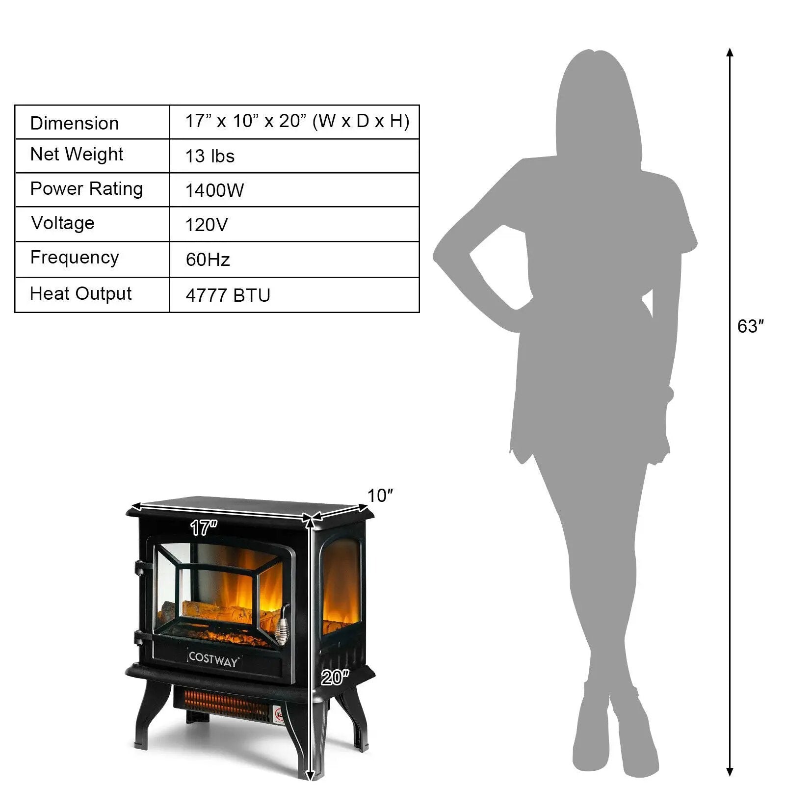 Freestanding Fireplace Heater with Realistic Dancing Flame Effect-Black by DirectDeals
