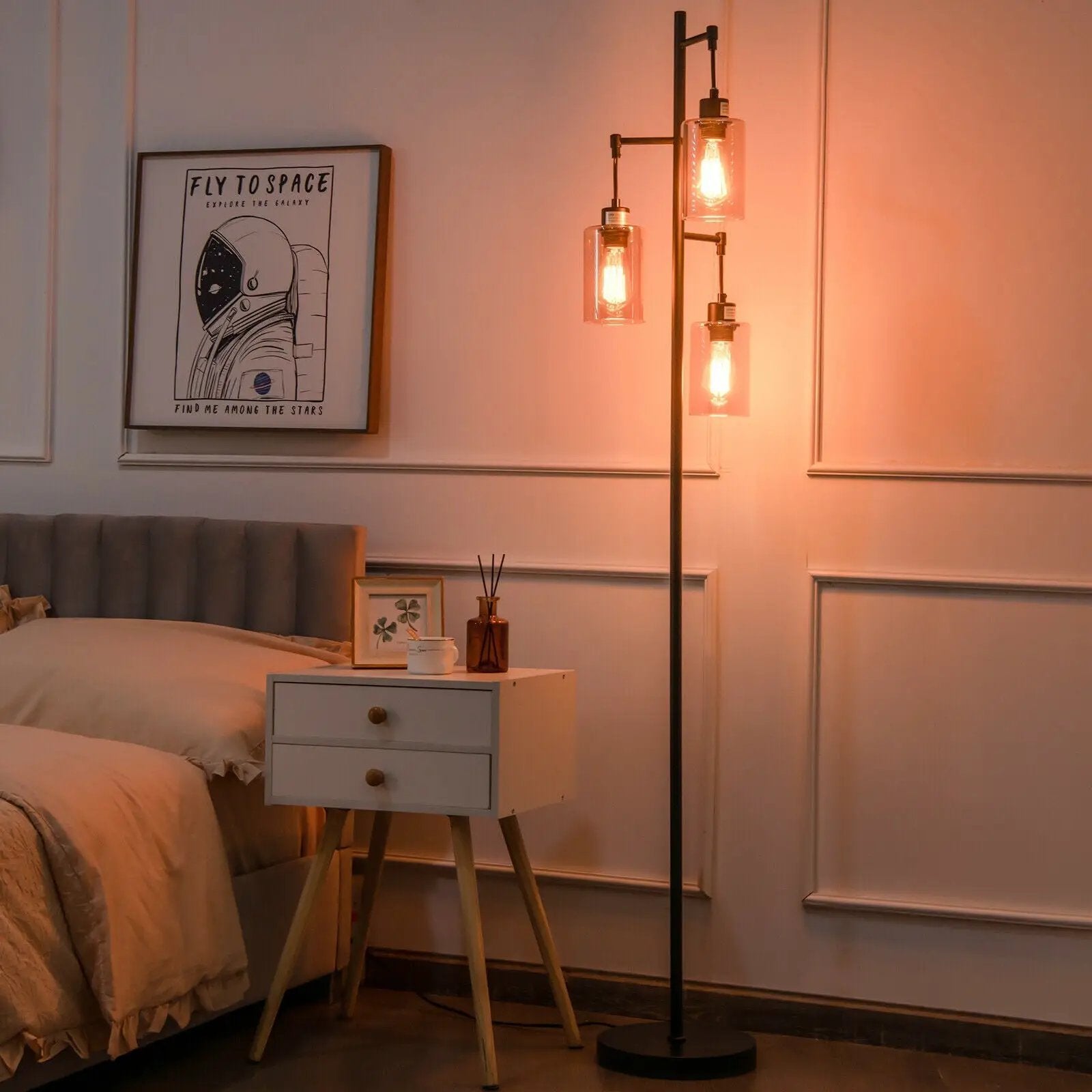 Retro Floor Lamp with 3-Head Hanging Amber Glass Shade by DirectDeals