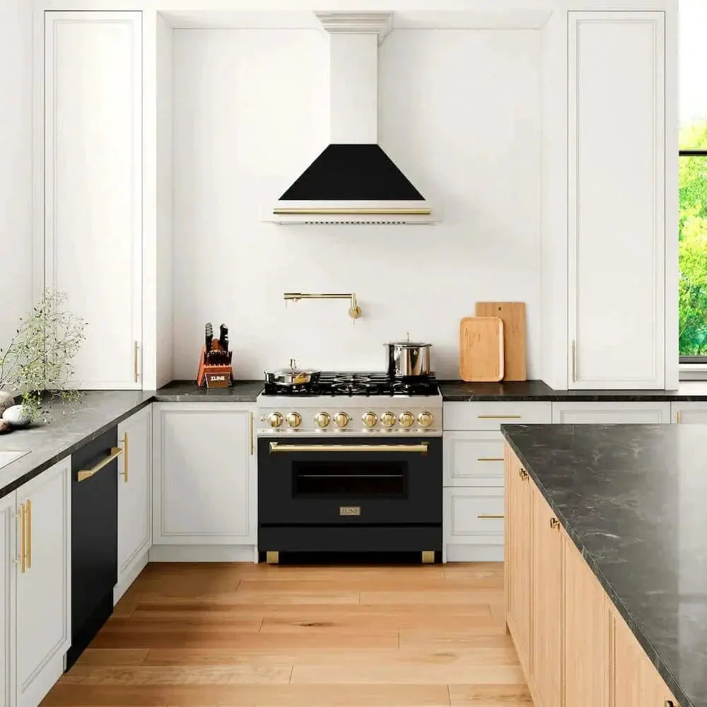 ZLINE 36" Autograph, Dual Fuel Range, Black Door, Gold, RASZ-BLM-36-G by Farmhouse Kitchen and Bath
