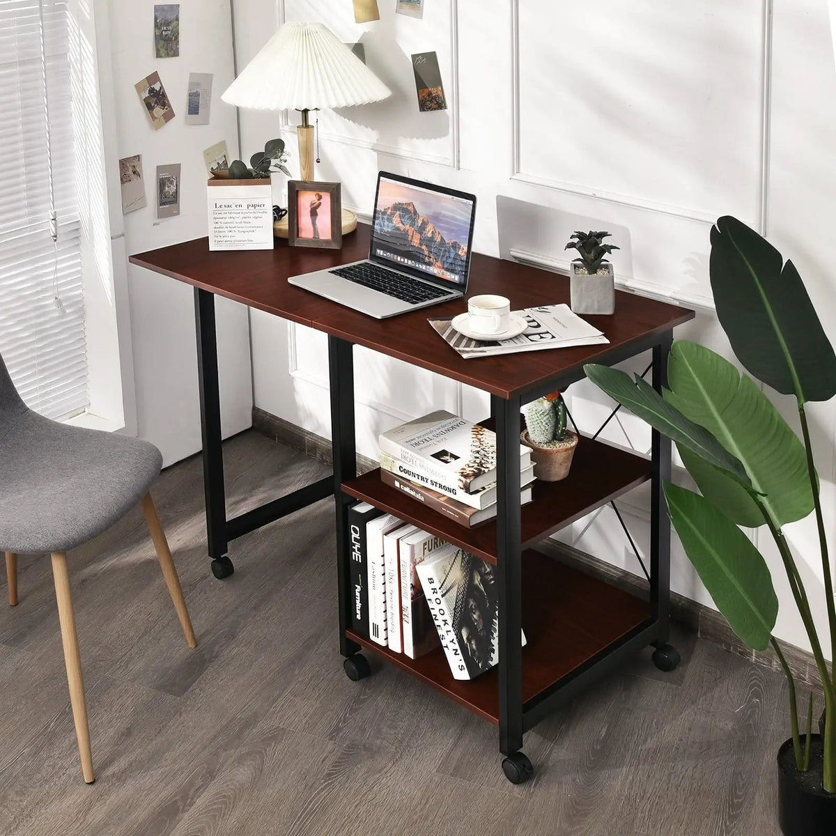 Rolling Folding Computer Desk with Storage Shelves by DirectDeals
