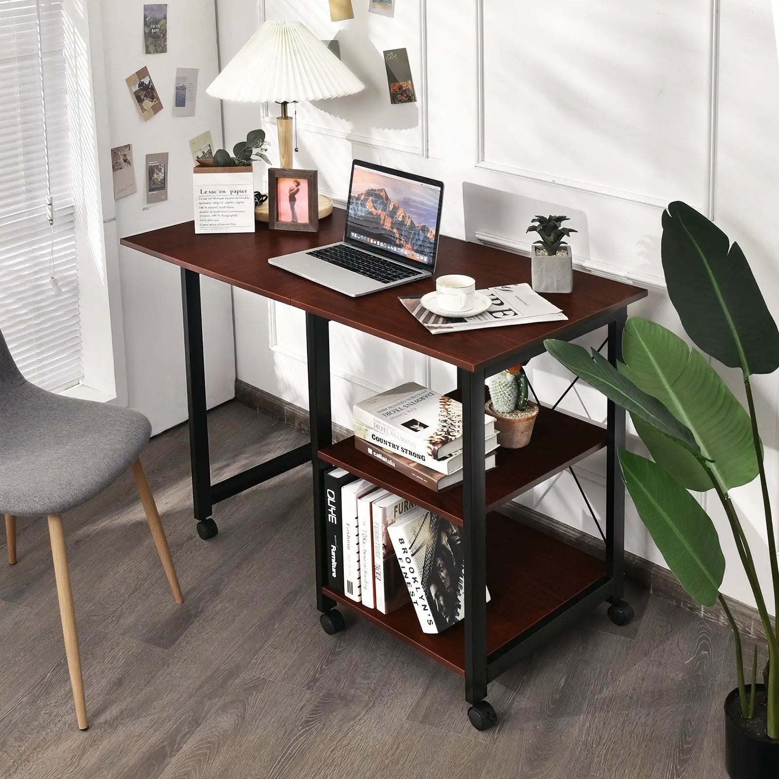 Rolling Folding Computer Desk with Storage Shelves by DirectDeals