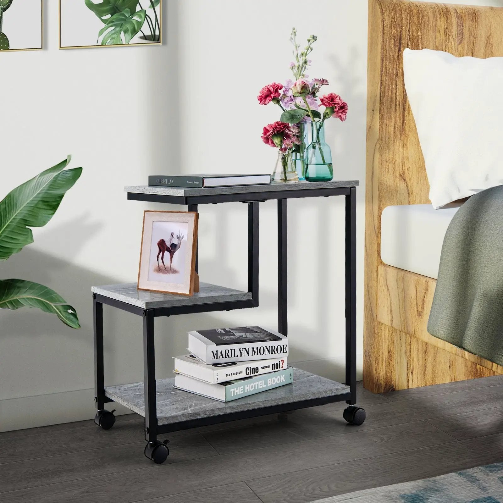 3-Tier Side Table with Storage and Universal Casters for Living Room and Bedroom-Black by DirectDeals
