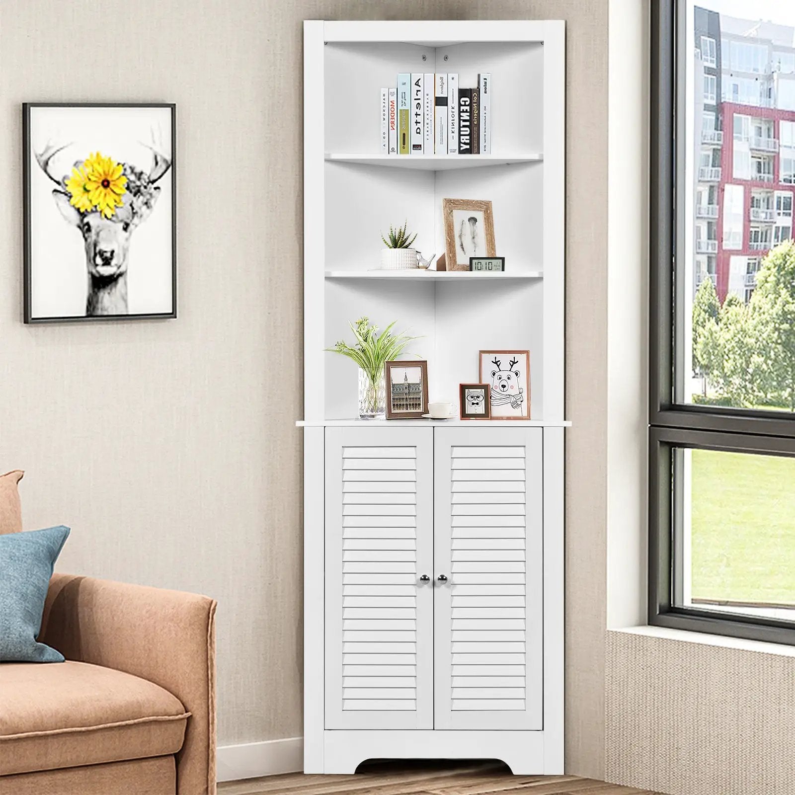 Free Standing Tall Bathroom Corner Storage Cabinet with 3 Shelves by DirectDeals